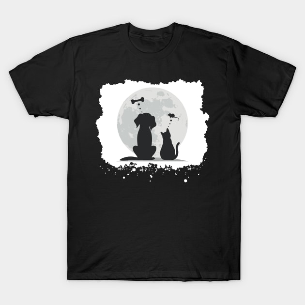 Dog and Cat Midnight Dreams T-Shirt by Claracanvas